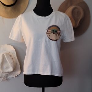 Zara White T-Shirt with Cross Stitch Baby Yoda